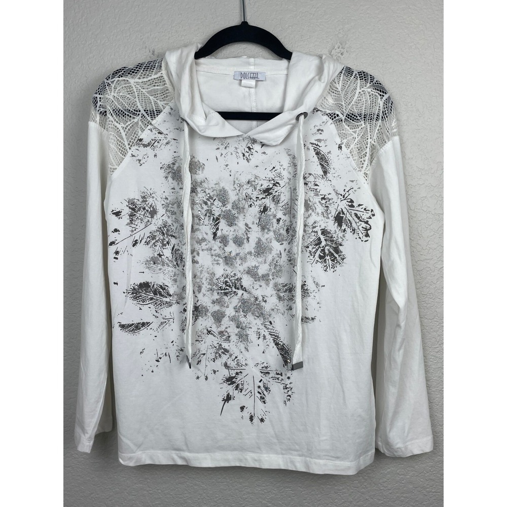 Dolcezza Top Womens Medium White Hooded Art to Wear Pullover‎ Crochet Shoulders